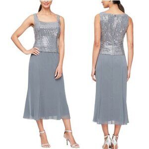 New ALEX EVENING Metallic Square Neckline Midi Dress 6